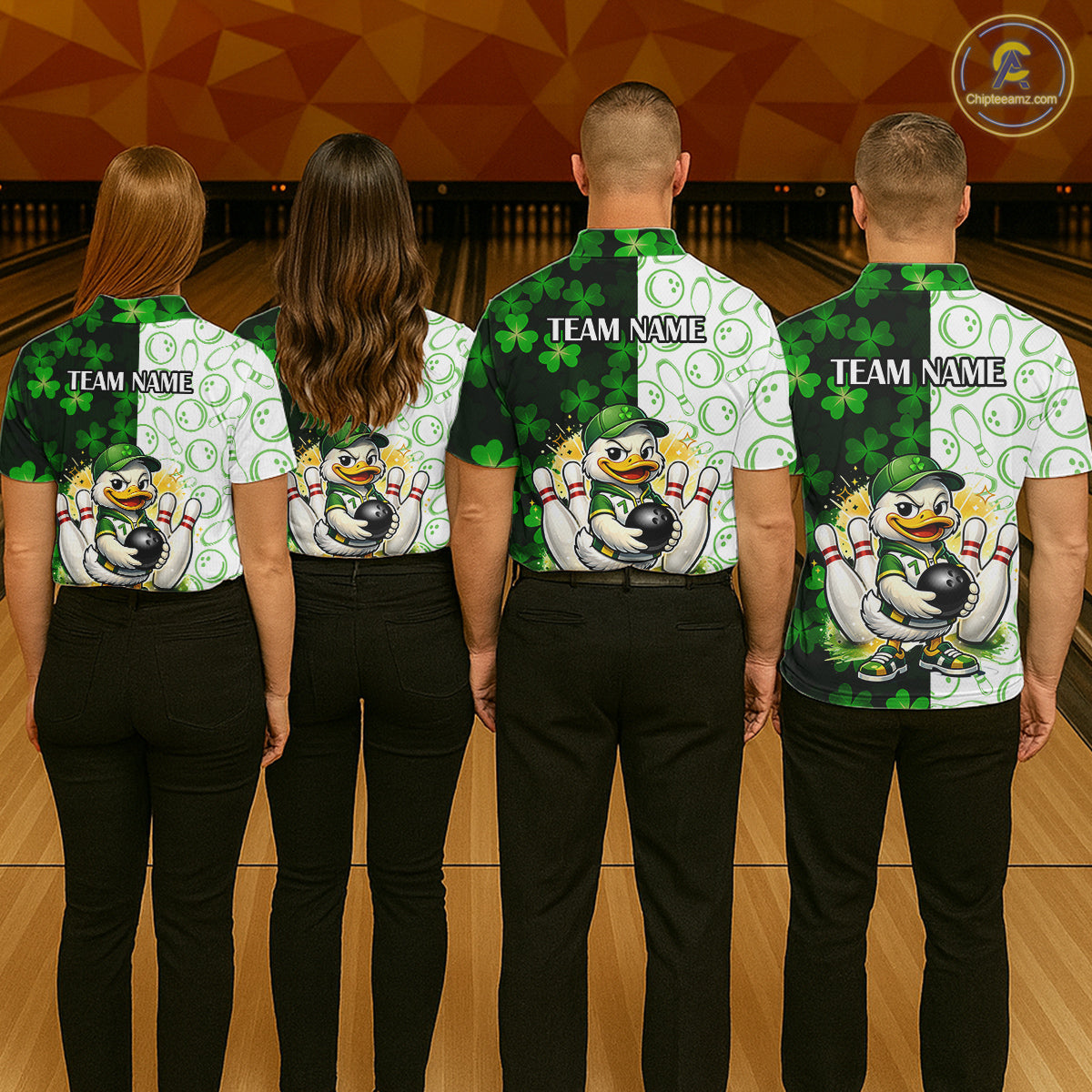 Custom Green Funny Duck Bowling Team Shirt for Men Lucky Clover St Patrick Day Bowling League Outfit QZT861