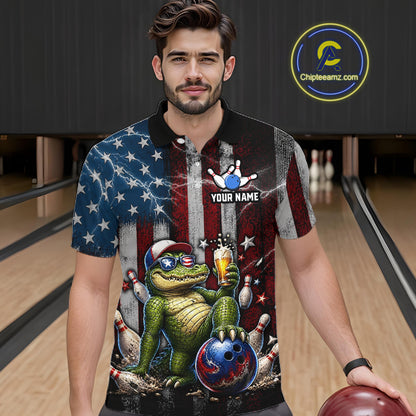 Custom American Flag Funny Beer Bowling Shirt for Men Patriotic Bowling Jersey Polo & 1/4-Zip QZT1023