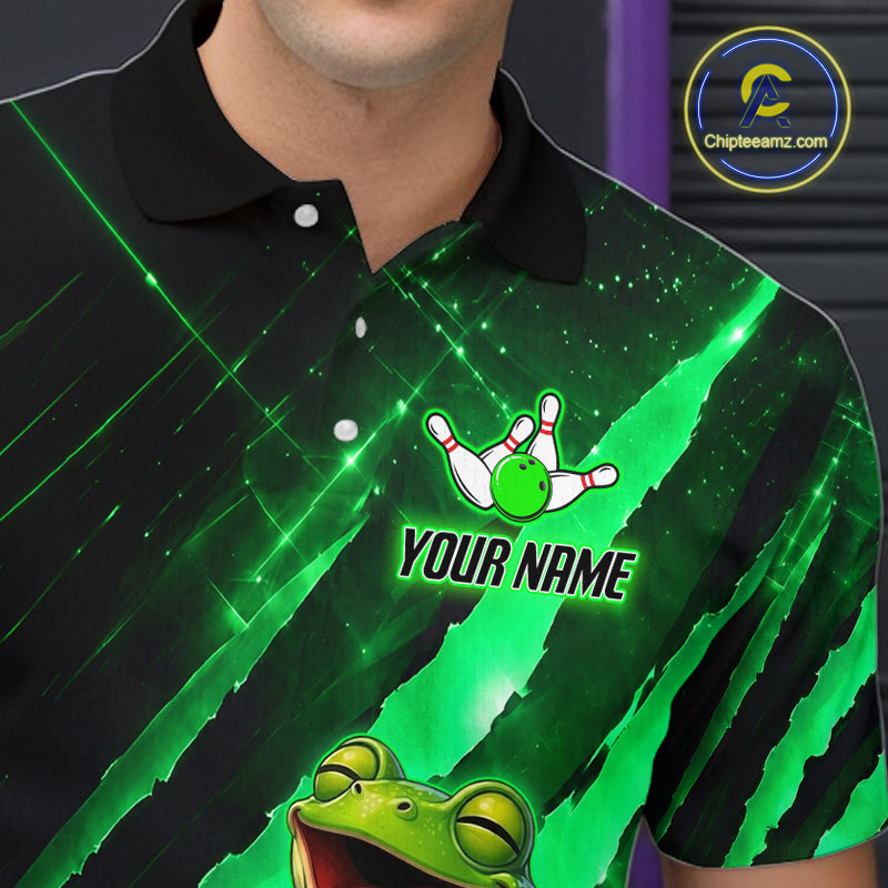 Custom Green Funny Frog Bowling Shirt for Men Bowling Jersey Polo & 1/4 Zip Bowling Outfit QZT1026