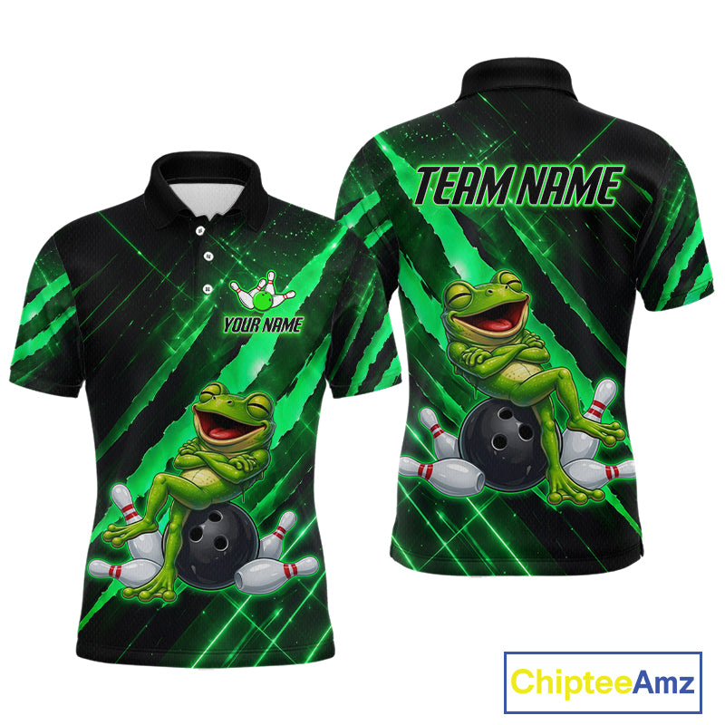 Custom Green Funny Frog Bowling Shirt for Men Bowling Jersey Polo & 1/4 Zip Bowling Outfit QZT1026