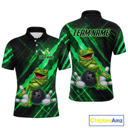 Custom Green Funny Frog Bowling Shirt for Men Bowling Jersey Polo & 1/4 Zip Bowling Outfit QZT1026