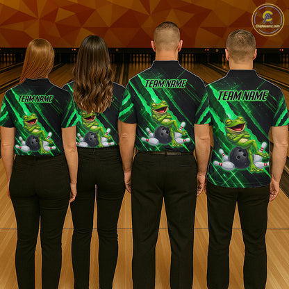 Custom Green Funny Frog Bowling Shirt for Men Bowling Jersey Polo & 1/4 Zip Bowling Outfit QZT1026