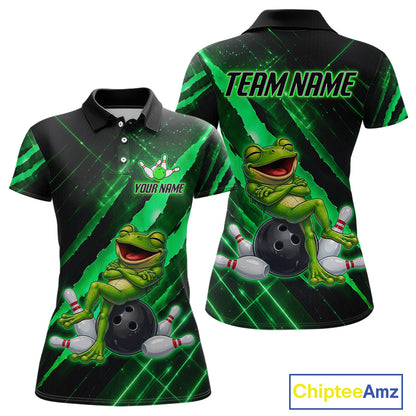 Custom Green Funny Frog Bowling Shirt for Women Bowling Jersey Polo & 1/4 Zip Bowling Outfit QZT1026