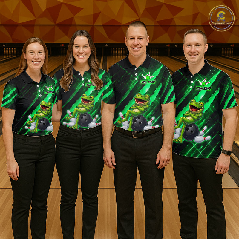 Custom Green Funny Frog Bowling Shirt for Women Bowling Jersey Polo & 1/4 Zip Bowling Outfit QZT1026