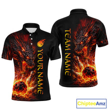 Load image into Gallery viewer, Black polo shirt with fiery dragon design on front and back, customizable text, Chiptee Amz brand visible.