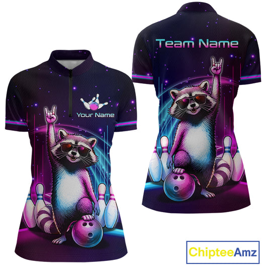 Front and back views of a women's short-sleeve zip-front shirt with a colorful raccoon bowling graphic, purple neon lighting, bowling pins, and customizable text areas on a white background. A ChipteeAmz logo appears in the bottom right corner.