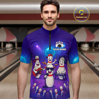 Custom Funny Bowling Pins Music Shirt Neon Bowling Jersey for Men Polo & 1/4 Zip Bowling Outfit QZT788
