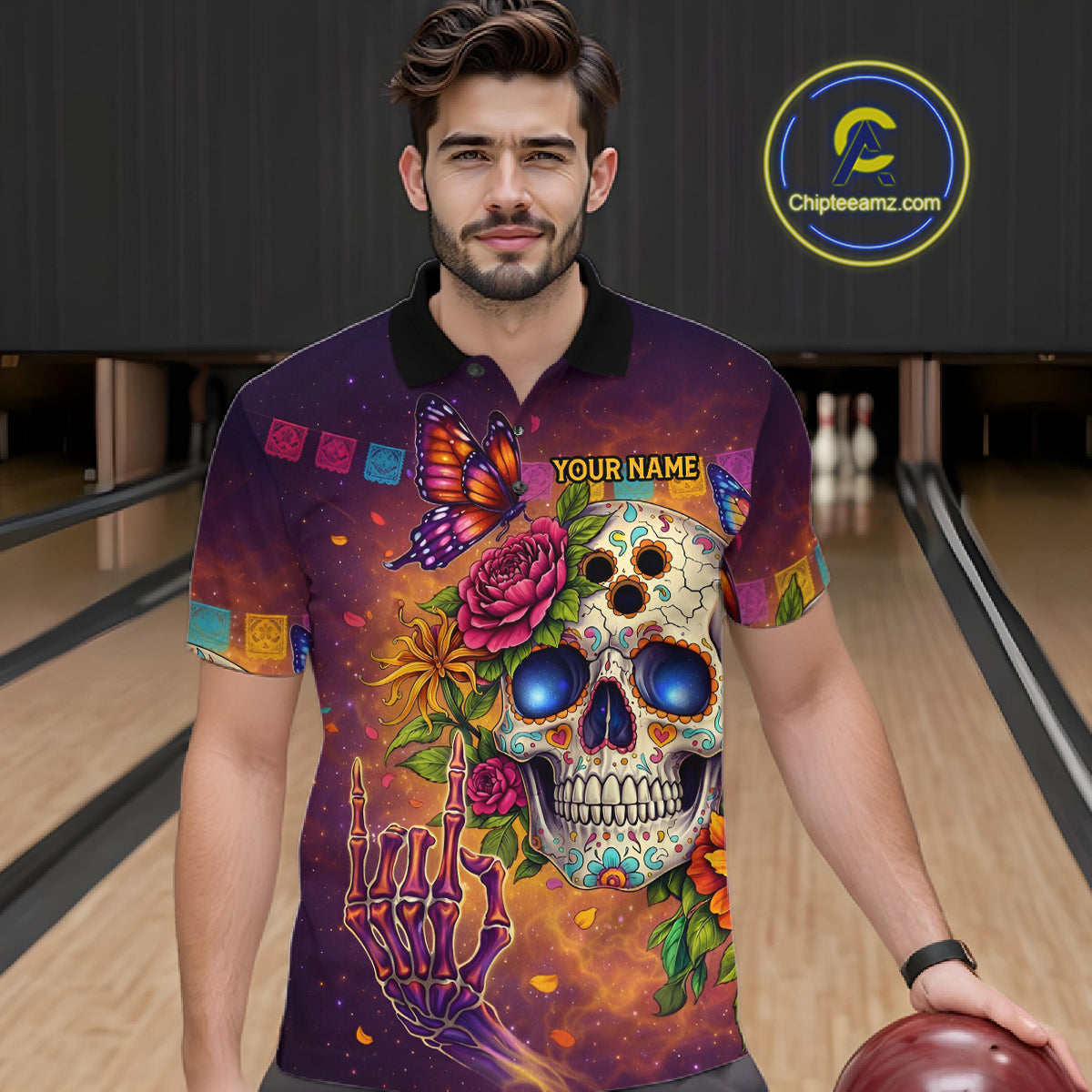 Custom Funny Sugar Skull Bowling Shirt for Men Bowling Team Jersey Polo & Quarter-Zip Bowling Outfit  QZT909
