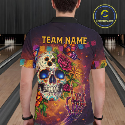 Custom Funny Sugar Skull Bowling Shirt for Men Bowling Team Jersey Polo & Quarter-Zip Bowling Outfit  QZT909