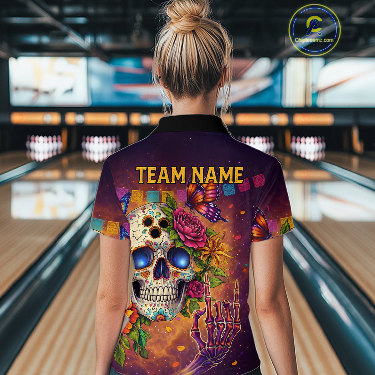 Custom Funny Sugar Skull Bowling Shirt for Women Bowling Team Jersey Polo & Quarter-Zip Bowling Outfit  QZT909