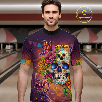 Custom Funny Sugar Skull Bowling Shirt for Men Bowling Team Jersey Polo & Quarter-Zip Bowling Outfit  QZT909