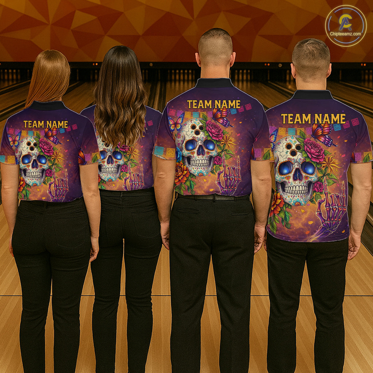 Custom Funny Sugar Skull Bowling Shirt for Men Bowling Team Jersey Polo & Quarter-Zip Bowling Outfit  QZT909