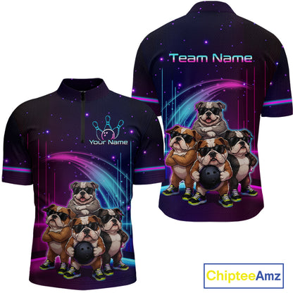 Custom Team Funny Bulldog Bowling Shirt for Men Neon Bowling Jersey Polo & 1/4-Zip QZT1217
