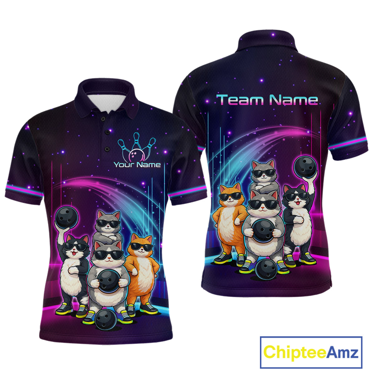 Polo shirt with cartoon cats bowling design on a dark background, featuring 'Team Name' and 'Your Name' text.