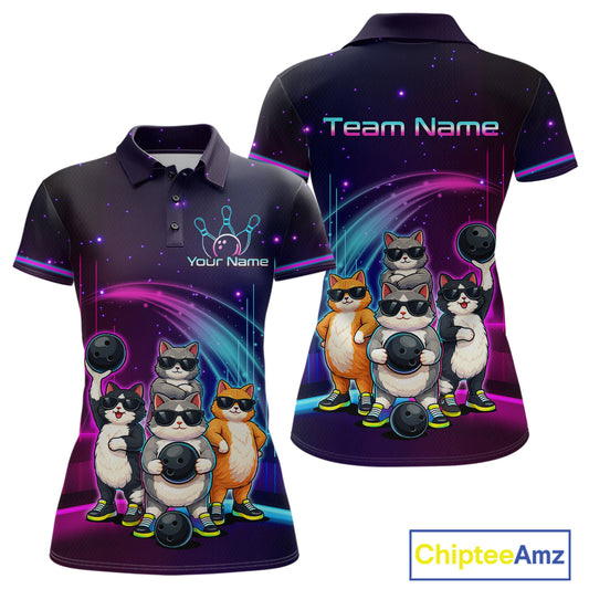 Polo shirt with cartoon cats and bowling balls design on a dark background, featuring 'Chiptee Amz' branding.