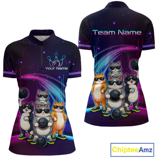 Colorful polo shirt with cartoon cats and customizable text on a white background