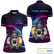 Load image into Gallery viewer, Colorful polo shirt with cartoon cats and customizable text on a white background