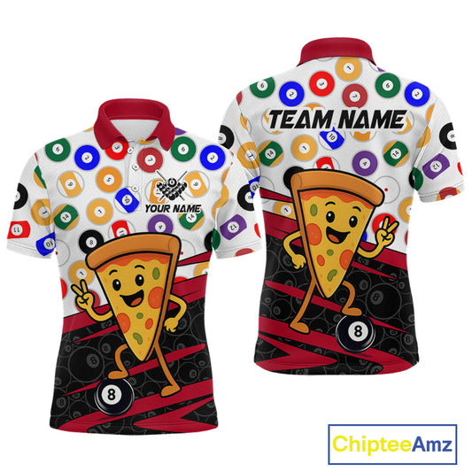 Two view of shirts with pizza design and colorful patterns, featuring 'Team Name' text and 'Chiptee Amz' branding.