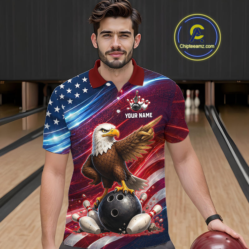 Custom American Flag Eagle Bowling Shirt for Men Patriotic Bowling Jersey Polo & Quarter-Zip QZT1030