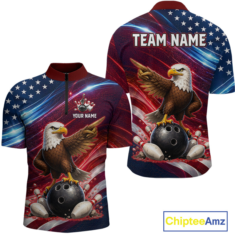 Custom American Flag Eagle Bowling Shirt for Men Patriotic Bowling Jersey Polo & Quarter-Zip QZT1030