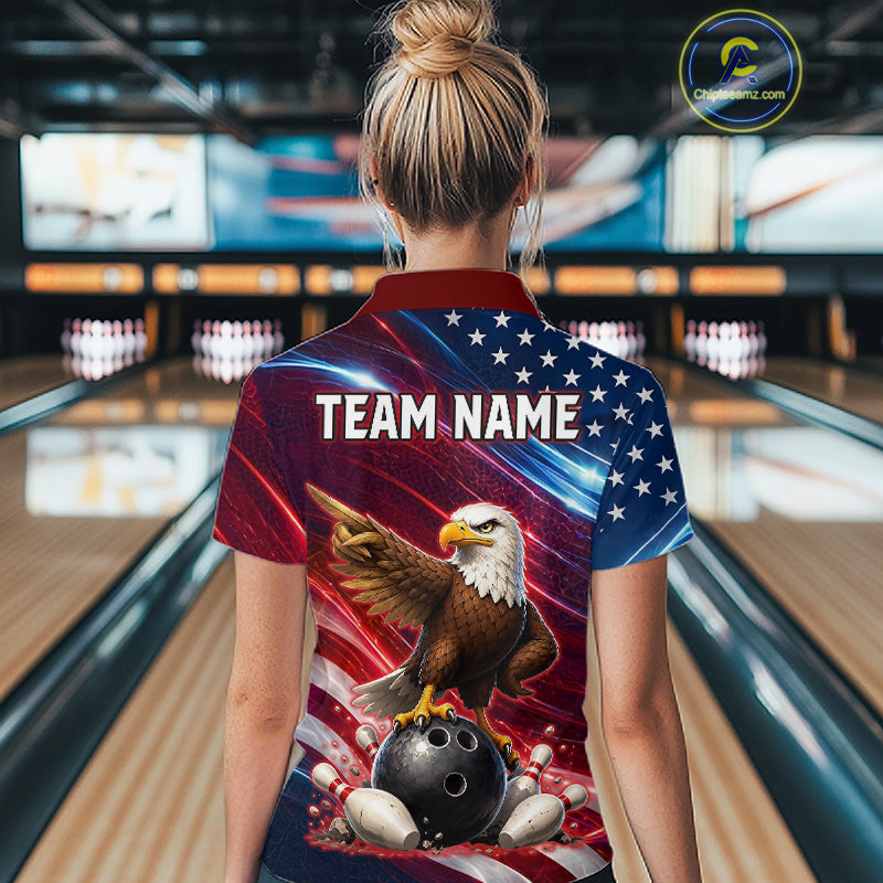 Custom American Flag Eagle Bowling Shirt for Women Patriotic Bowling Jersey Polo & Quarter-Zip QZT1030