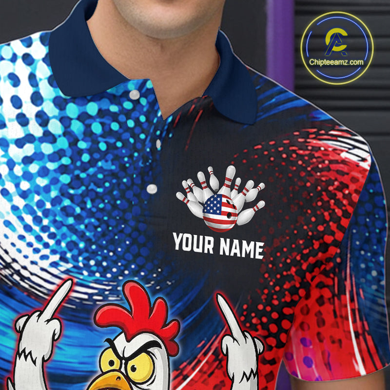 Custom American Flag Chicken Bowling Shirt for Men Patriotic Bowling Jersey Polo & Quarter-Zip QZT1031