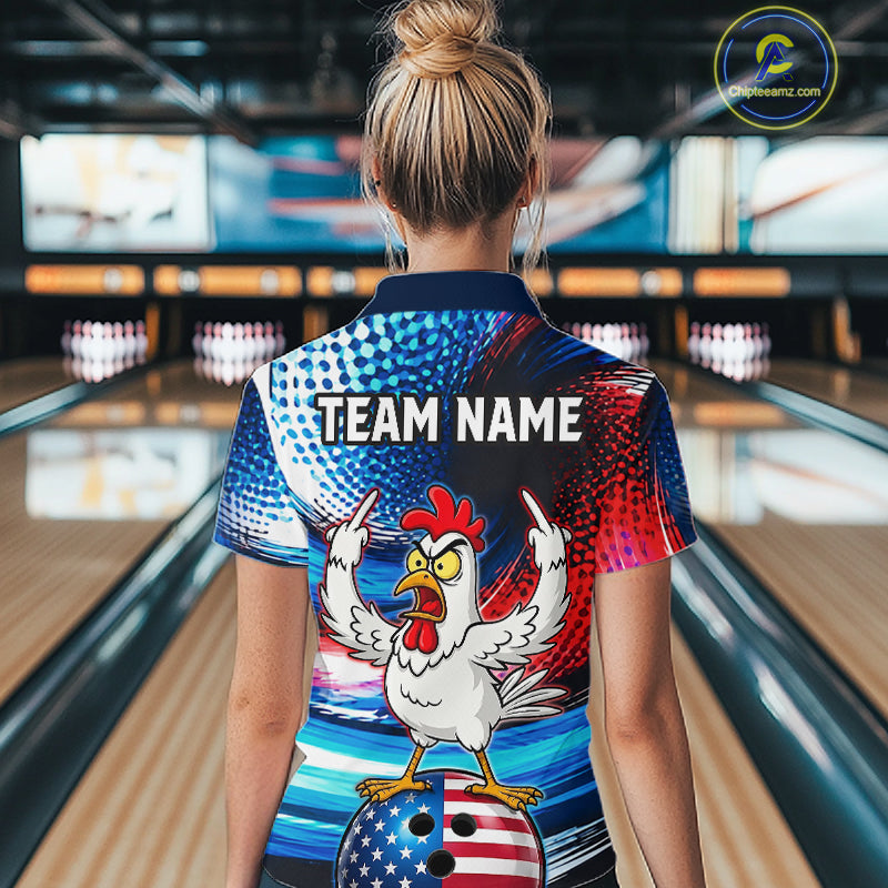 Custom American Flag Chicken Bowling Shirt for Women Patriotic Bowling Jersey Polo & Quarter-Zip QZT1031
