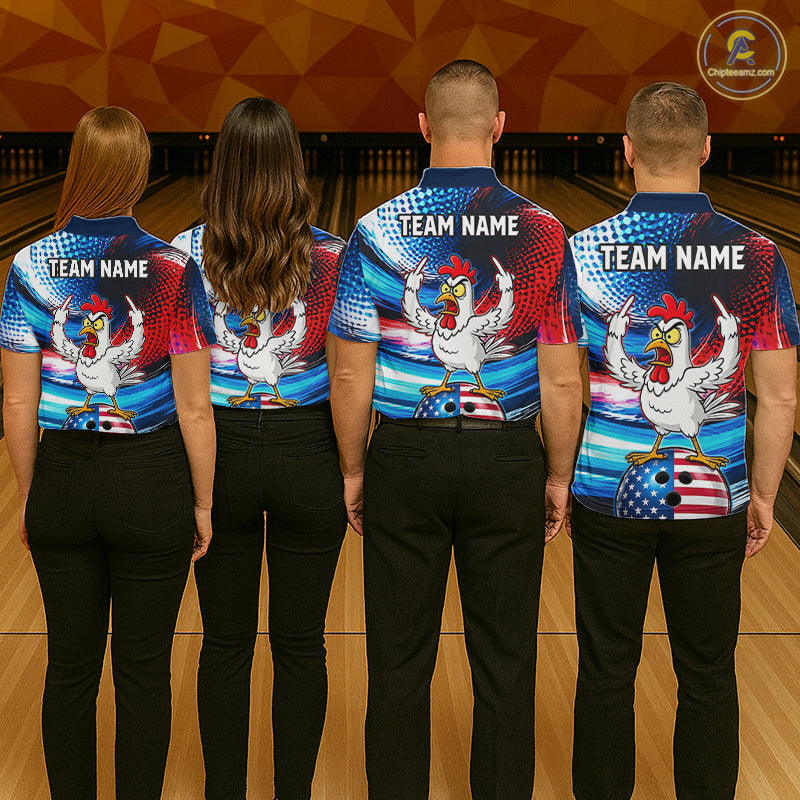 Custom American Flag Chicken Bowling Shirt for Men Patriotic Bowling Jersey Polo & Quarter-Zip QZT1031