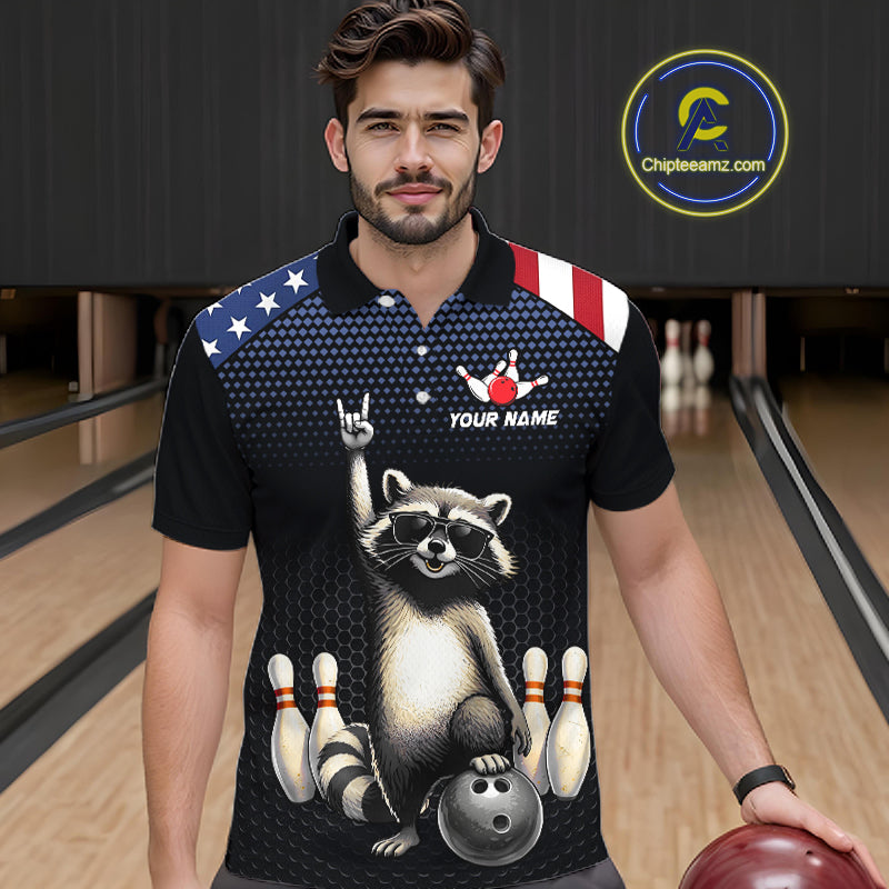 Custom American Flag Bowling Shirt Funny Raccoon Bowling League Jersey for Men Polo & 1/4-Zip QZT1220