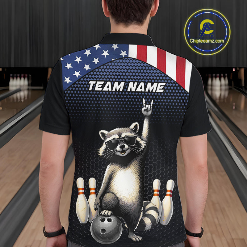 Custom American Flag Bowling Shirt Funny Raccoon Bowling League Jersey for Men Polo & 1/4-Zip QZT1220