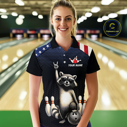Custom American Flag Bowling Shirt Funny Raccoon Bowling League Jersey for Women Polo & 1/4-Zip QZT1220