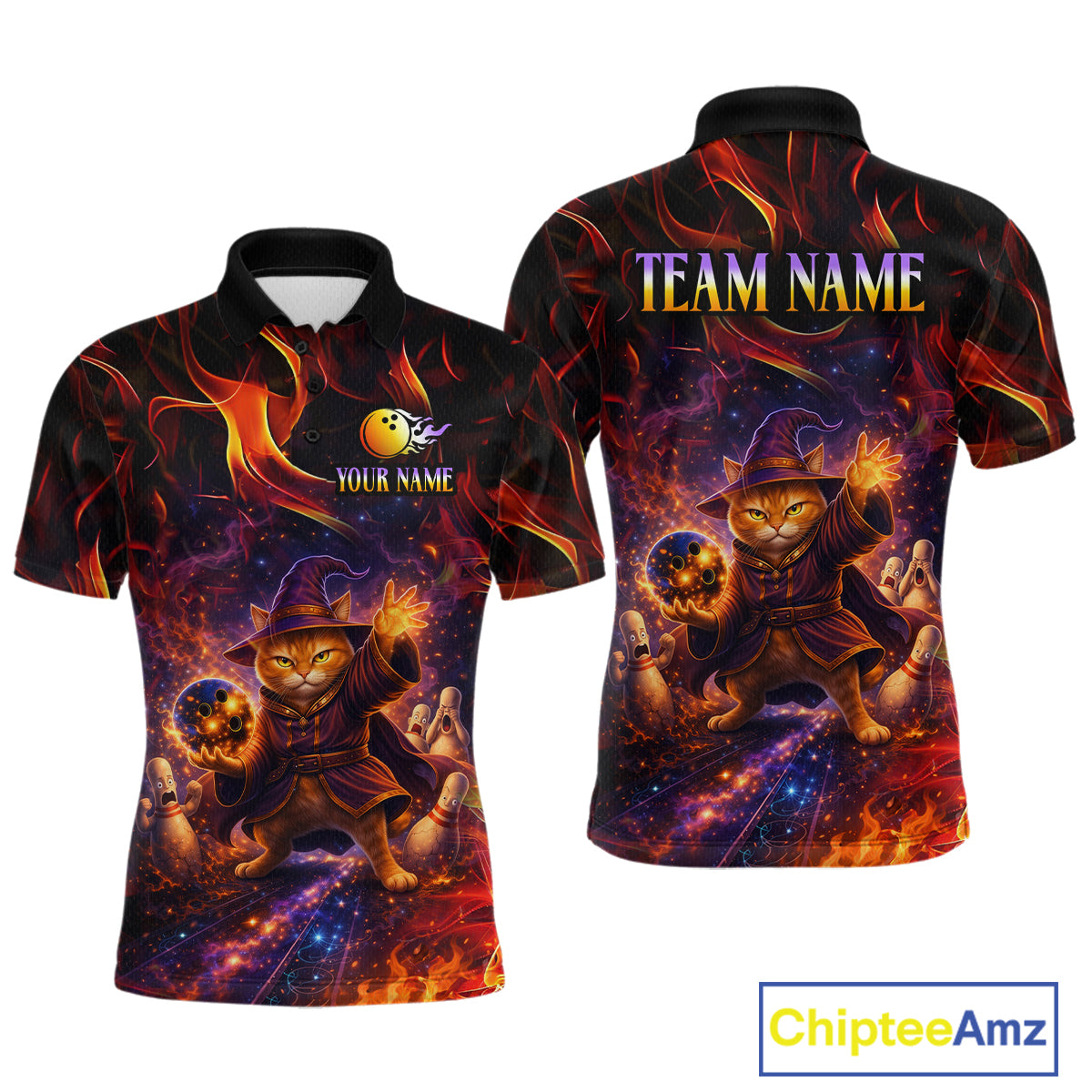 Custom Funny Cat Wizard Bowling Shirts for Men Flame Bowling Jersey for Team Bowling Outfit QZT921