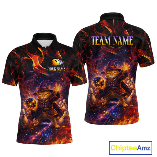 Custom Funny Cat Wizard Bowling Shirts for Men Flame Bowling Jersey for Team Bowling Outfit QZT921