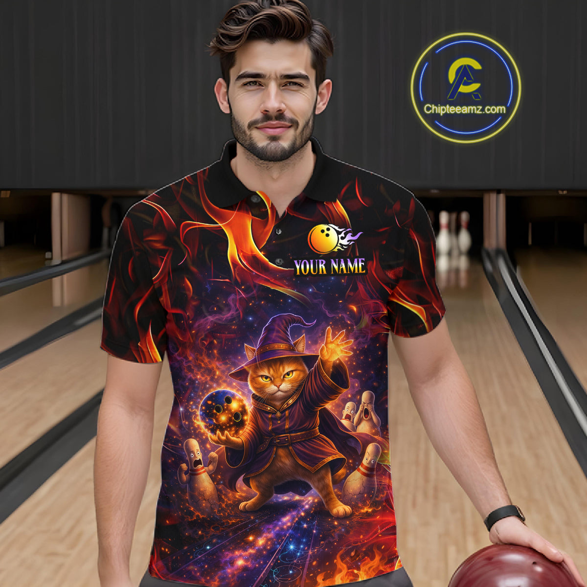 Custom Funny Cat Wizard Bowling Shirts for Men Flame Bowling Jersey for Team Bowling Outfit QZT921