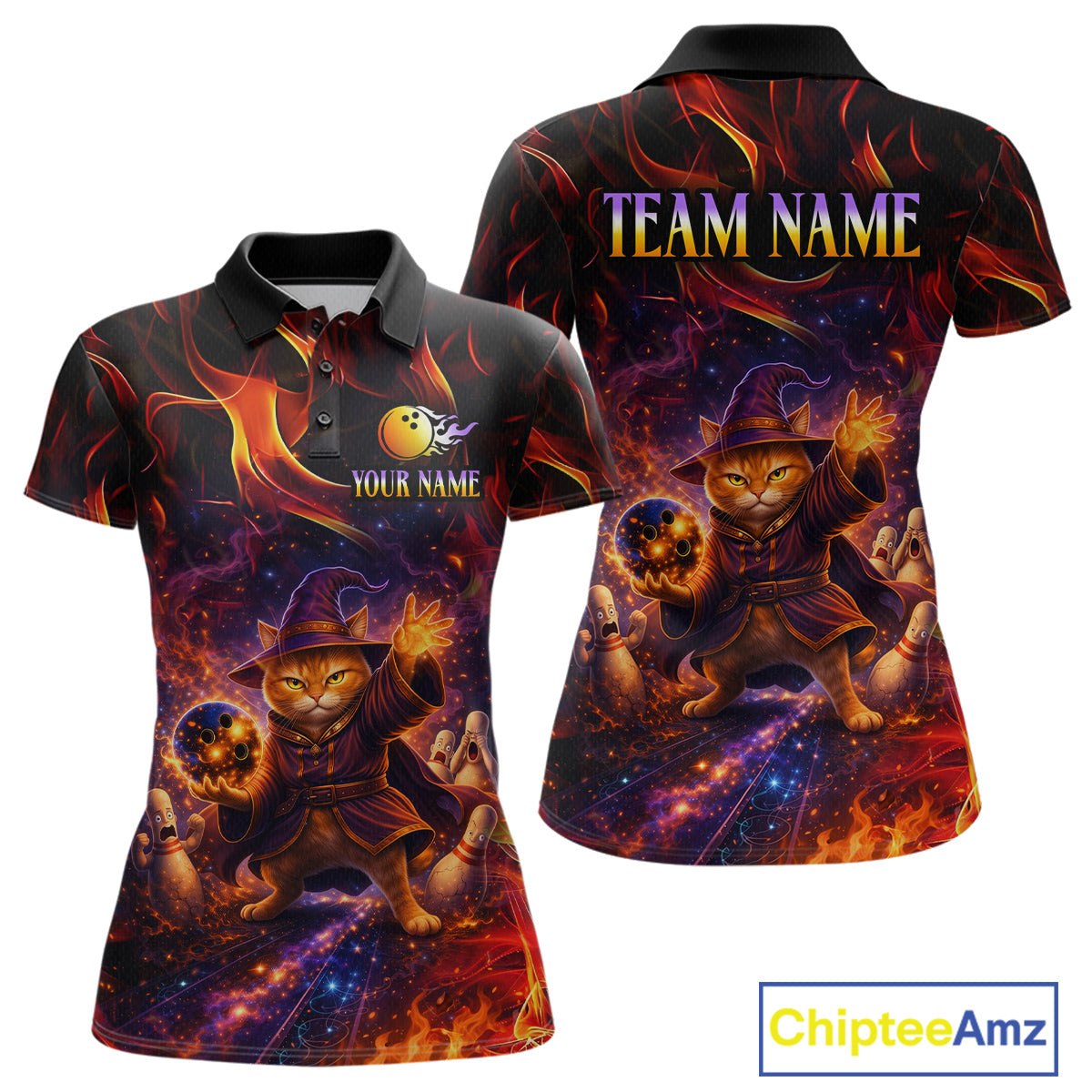 Custom Funny Cat Wizard Bowling Shirts for Women Flame Bowling Jersey for Team Bowling Outfit QZT921