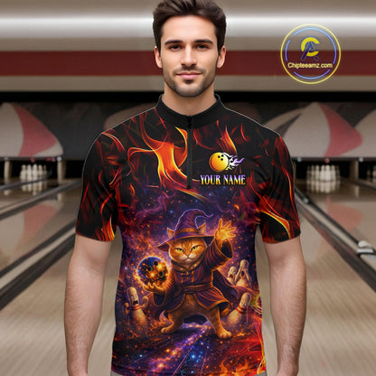 Custom Funny Cat Wizard Bowling Shirts for Men Flame Bowling Jersey for Team Bowling Outfit QZT921