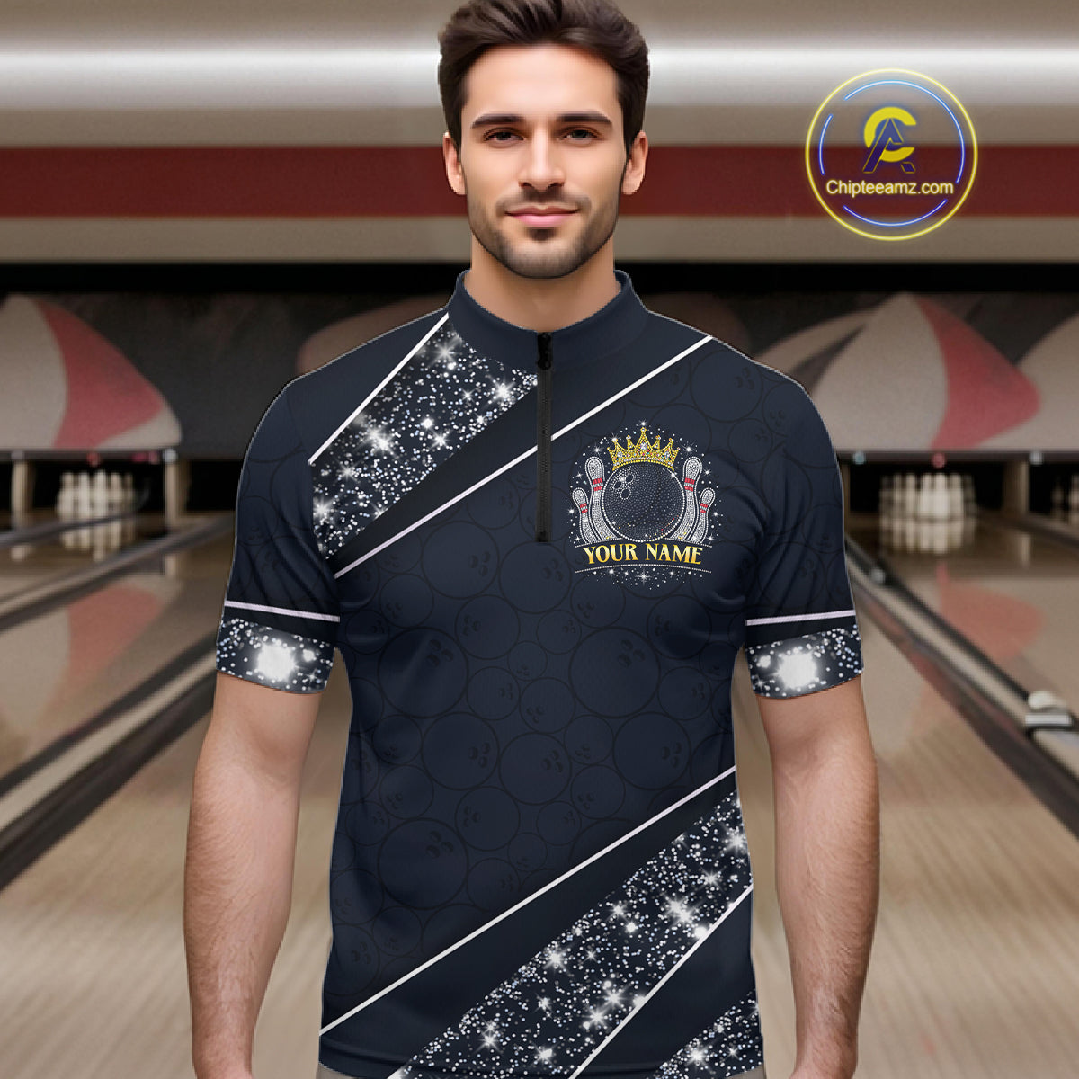 Custom Navy Bowling Shirts with Rhinestones for Men King Bowling Polo & Quarter-Zip Bowling Outfit QZT922