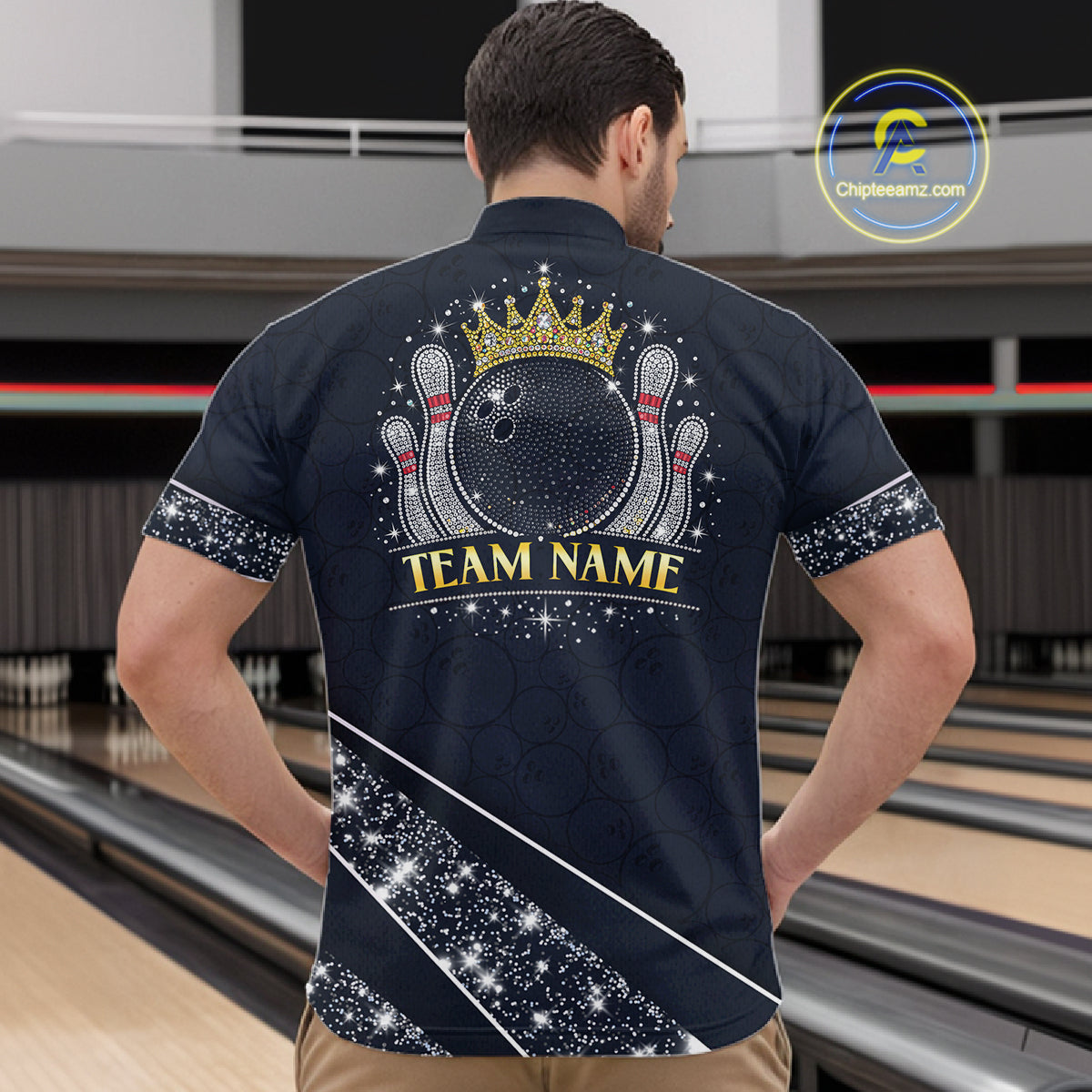 Custom Navy Bowling Shirts with Rhinestones for Men King Bowling Polo & Quarter-Zip Bowling Outfit QZT922