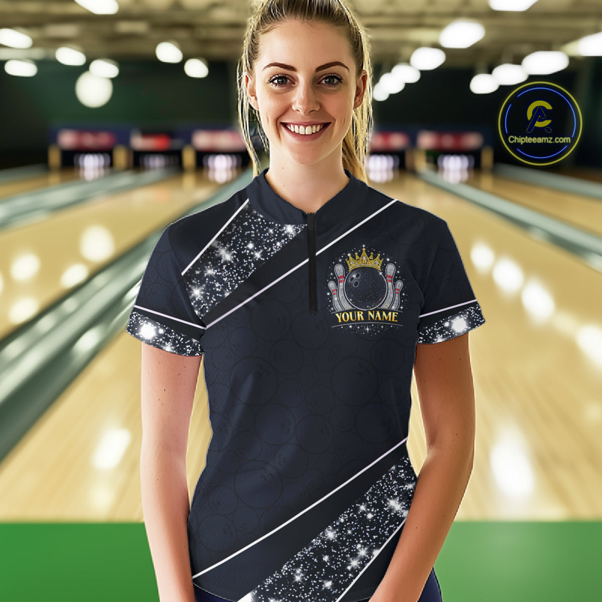Custom Navy Bowling Shirts with Rhinestones for Women King Bowling Polo & Quarter-Zip Bowling Outfit QZT922