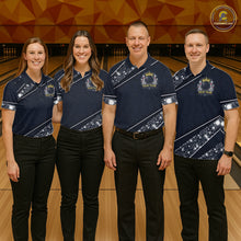 Load image into Gallery viewer, Custom Navy Bowling Shirts with Rhinestones for Men King Bowling Polo &amp; Quarter-Zip Bowling Outfit QZT922