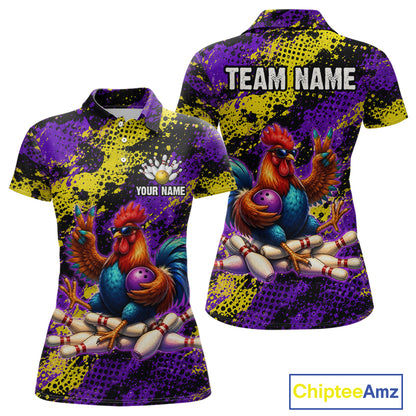 Purple & Yellow Chicken Bowling Shirt for Women Custom Bowling Jersey Rooster Polo & 1/4-Zip QZT1034