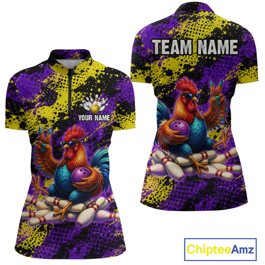 Purple & Yellow Chicken Bowling Shirt for Women Custom Bowling Jersey Rooster Polo & 1/4-Zip QZT1034