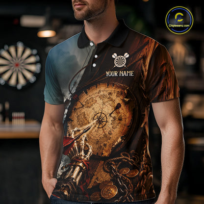 Custom Vintage Treasure Map Dart Shirt Skeleton Pirate Dart Team Jersey for Men Polo & Quarter-Zip DHT61