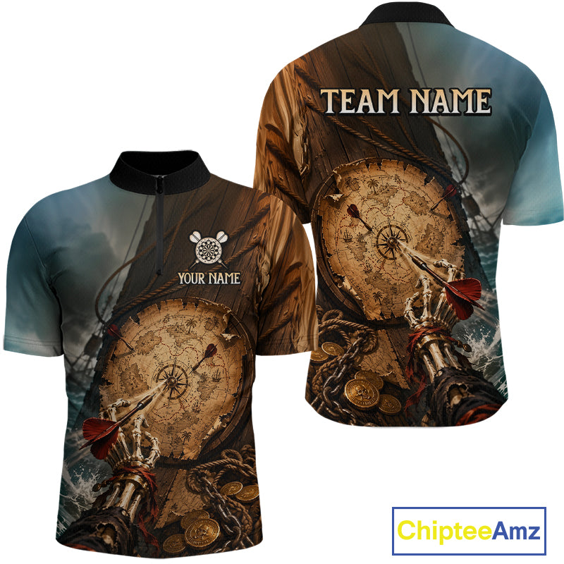 Custom Vintage Treasure Map Dart Shirt Skeleton Pirate Dart Team Jersey for Men Polo & Quarter-Zip DHT61