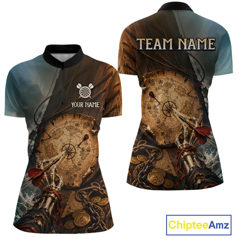 Custom Vintage Treasure Map Dart Shirt Skeleton Pirate Dart Team Jersey for Women Polo & Quarter-Zip DHT61