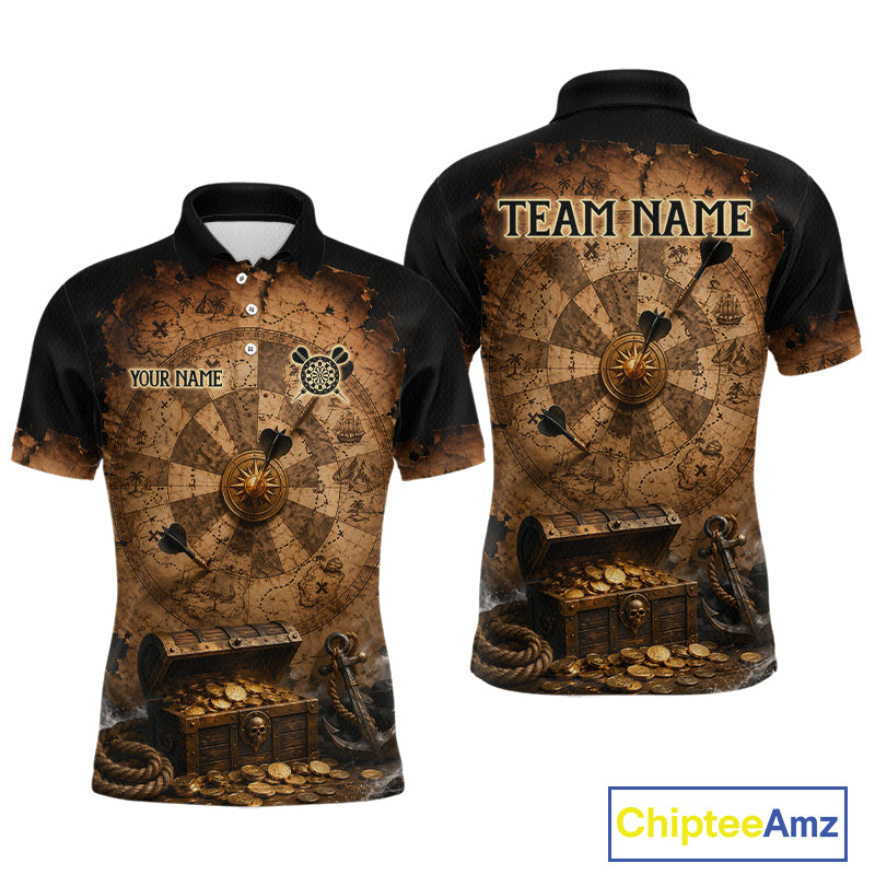 Custom Vintage Treasure Map & Chest Dart Shirt Skeleton Pirate Dart Team Jersey for Men Polo & 1/4-Zip DHT62