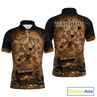 Custom Vintage Treasure Map & Chest Dart Shirt Skeleton Pirate Dart Team Jersey for Men Polo & 1/4-Zip DHT62