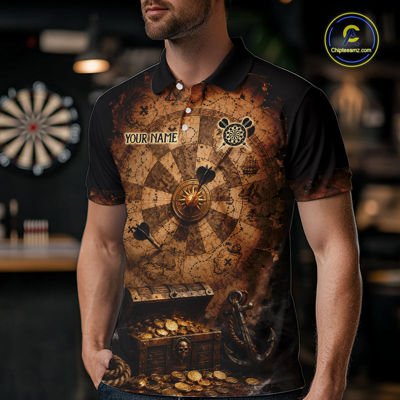 Custom Vintage Treasure Map & Chest Dart Shirt Skeleton Pirate Dart Team Jersey for Men Polo & 1/4-Zip DHT62