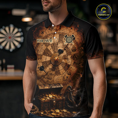 Custom Vintage Treasure Map & Chest Dart Shirt Skeleton Pirate Dart Team Jersey for Men Polo & 1/4-Zip DHT62