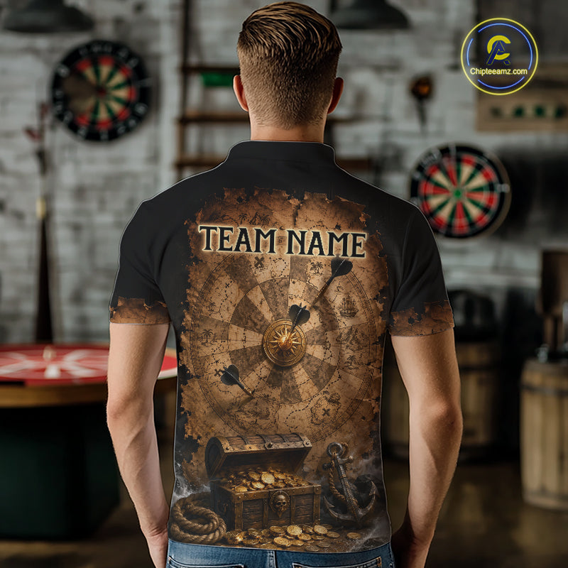Custom Vintage Treasure Map & Chest Dart Shirt Skeleton Pirate Dart Team Jersey for Men Polo & 1/4-Zip DHT62